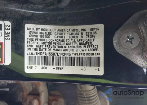 2007 Honda Civic Lx из США, поврежденный, VIN 1HGFA15507L143445